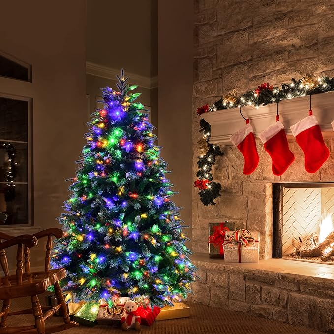 GOFLAME 5ft Pre-Lit Artificial Christmas Tree, Realistic Xmas Tree w/ 581 Branch Tips, 250 Multi-Color LED Lights, 28 Pinecones & Red Berries, Pine Tree w/ 11 Flash Modes for Holiday Decoration