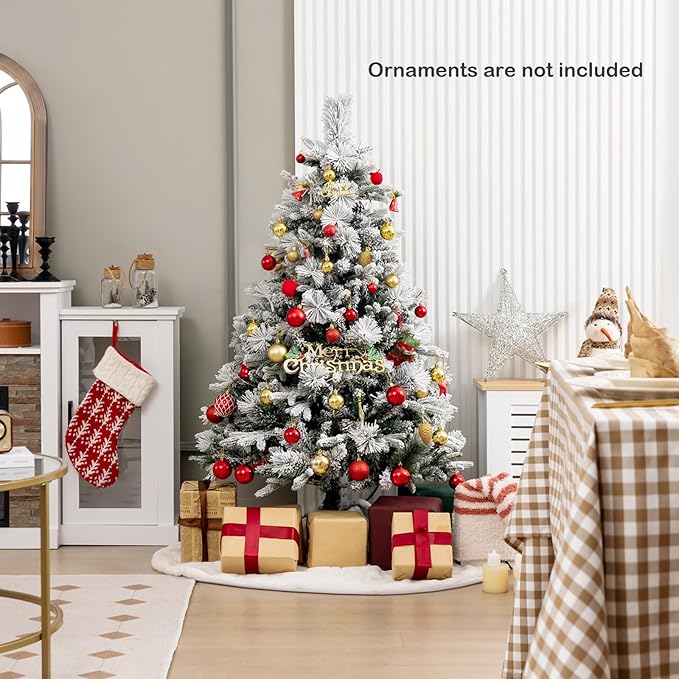 GOFLAME 4.5 FT Artificial Christmas Tree with Pine Needles, Snow Flocked Xmas Tree with 472 PE & PVC Branch Tips, 160 LED Lights & 26 Pine Cones, Hinged Decoration Tree with 8 Lighting Modes