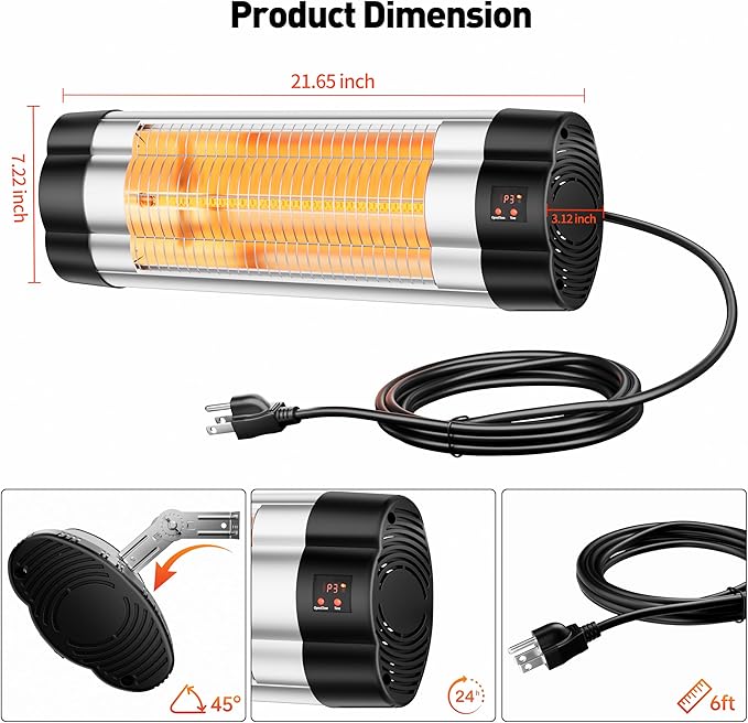 Wall Mounted Infrared Heater with 1 Seconds Instant Warmth, Quiet Electric Radiant Heating for Garage Greenhouse Porch, 1500W Adjustable Temperature Patio Heater