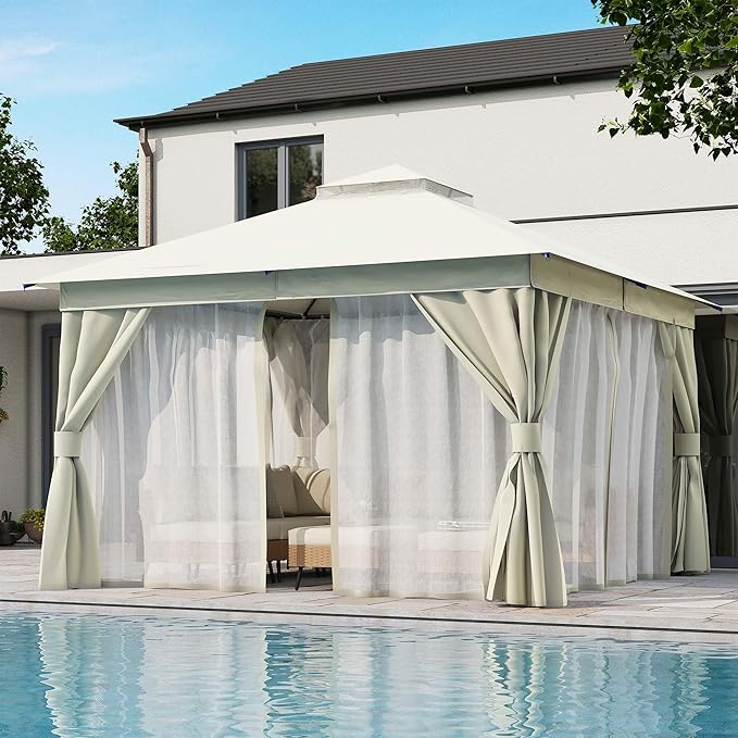 LAUSAINT HOME 12x12ft Outdoor Patio Gazebo with Double Roof, Heavy Duty Waterproof Gazebo Canopy Tent with Mosquito Netting for Backyard, Garden, Lawn & Wedding, Cream White