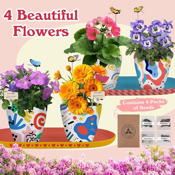 QSQSRUCH 4 Set Flower Garden Kit for Kid, Painting & Plant Kits for Ages 4-8,Arts and Crafts Set, Girls Gifts 8-10,Girls Toys Age 6-8, Gift for 4 5 6 7 8 9 10+ Year Old Girl