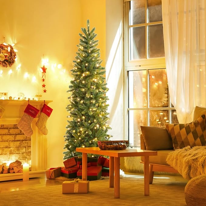 GOFLAME 6ft Pre-lit Pencil Christmas Tree, Artificial Christmas Tree with 270 LED Lights, 10 Light Modes, 648 Branch Tips, Metal Stand, Hinged Xmas Tree for Holiday Festival Decor
