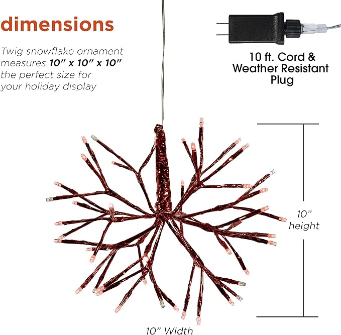 Alpine Corporation 10" H Indoor Christmas Twig 3D Hanging Snowflake Ornament with LED Lights, Red, Christmas Decoration