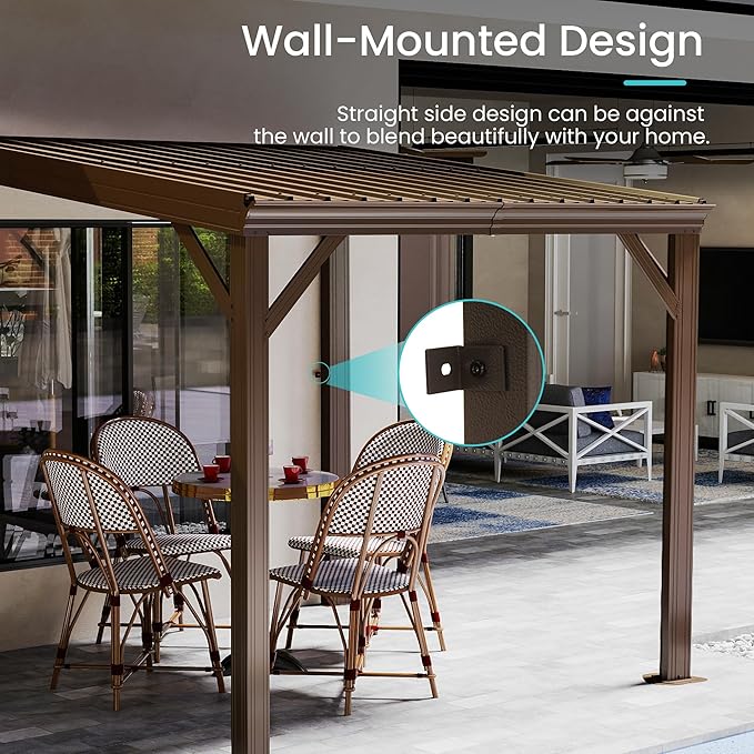 Domi 8' x 8' Lean to Gazebo, Wall Mounted Gazebos Pergola with Built in Drainage System, Galvanized Steel Roof, Hardtop Patio Shelter for Deck, Porch, Backyard and More,Brown