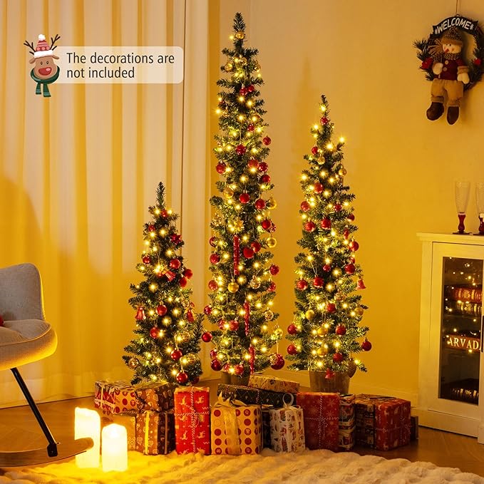 GOFLAME Set of 3 Pre-Lit Potted Christmas Trees, Artificial Pencil Christmas Tree Set 3Ft, 4Ft and 5Ft with Warm White LED Lights, Timer, Holiday Decoration Tree for Home Party