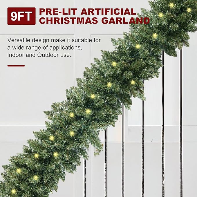 9FT Pre-Lit Artificial Christmas Garland with Dual Color LED Lights and Timer by Remote Control and Batteries Operated, Holiday Decorations, for Indoor Door Home Stairs Fireplaces Wall