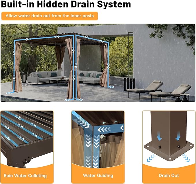 Louvered Pergola 10 x 12 FT, Aluminum Outdoor Pergola with Independent Adjustable Rainproof Top, Built-in Gutter System, Hardtop Patio Metal Pergolas for Deck Garden Backyard -Brown