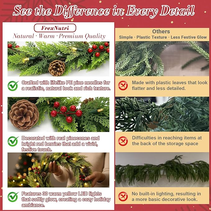 6.5FT Christmas Garland, Premium Rattan Garland with 30 LED Lights & Upgraded Battery Box, 4 Real Pinecones, 4 Berry Clusters, Indoor/Outdoor Christmas Decorations for Table, Mantle, Fireplace, Door