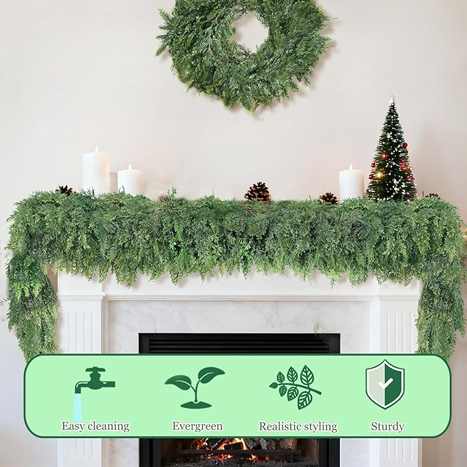 Grever 6 Feet Christmas Artificial Cedar Garland Real Touch Fake Evergreen Greenery Garland for Indoor and Outdoor Fireplace, Mantle, Door, Windows, Table, Stairs, Wall, Wedding and Holiday Decor