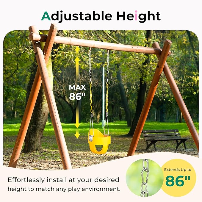 DECORLIFE Toddler Swing - High Back Full Bucket Seat for Ages 1-3, 330lb Capacity, Baby Infant Swing Outdoor with Safety Design, Plastic-Coated Chains, Carabiners for Backyard, Garden-Yellow