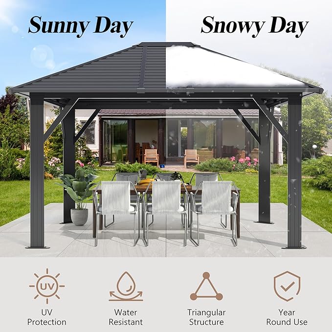 GARTOO 10' x 12' Patio Hardtop Gazebo - Outdoor Metal Hard Top with Breathable Mesh, Galvanized Steel Top Gazebo for Garden, Lawn, Outdoor Party (Black)