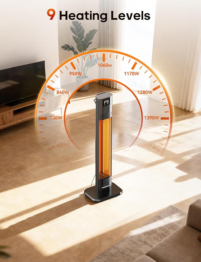 VAGKRI Outdoor Heater, 1s Instant Heating 42in Infrared Patio Heaters, 9 Heat Levels, 24H Timer, IPX5 Waterproof Electric Patio Heaters for Garden, Deck, Restaurant, Garage, Indoor & Outdoor Use