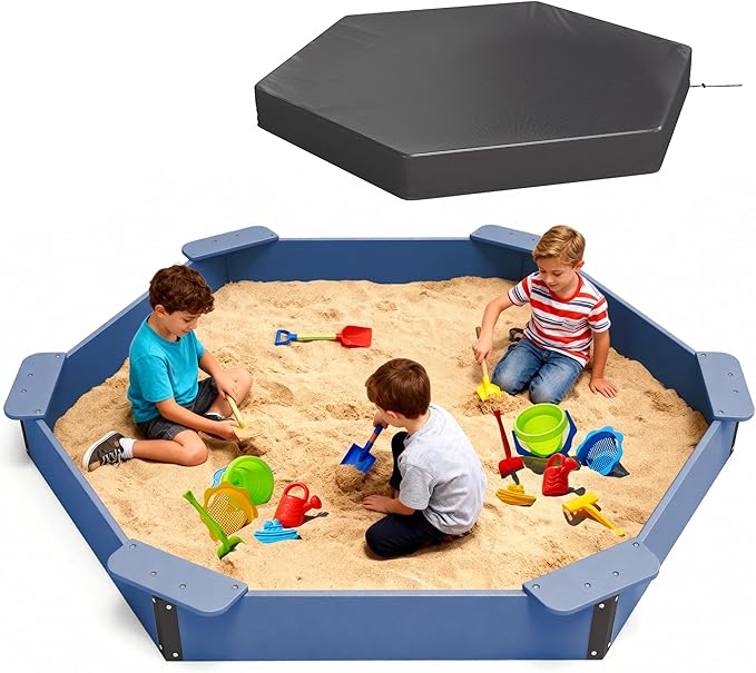 FOOWIN Hexagonal Outdoor Sandbox with Cover for Kids, HDPE Large Sandpit w/6 Benches, for Aged 3-12 Years Old, Sand Box for Children, Bottom Liner,Blue