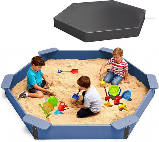FOOWIN Hexagonal Outdoor Sandbox with Cover for Kids, HDPE Large Sandpit w/6 Benches, for Aged 3-12 Years Old, Sand Box for Children, Bottom Liner,Blue