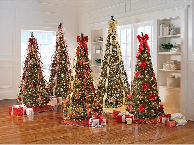 BrylaneHome 6 Ft Fully Decorated Pre-Lit Pop-Up Christmas Tree with 350 Warm Lights & Included Stand, Collapsible, Easy Assembly - Red White
