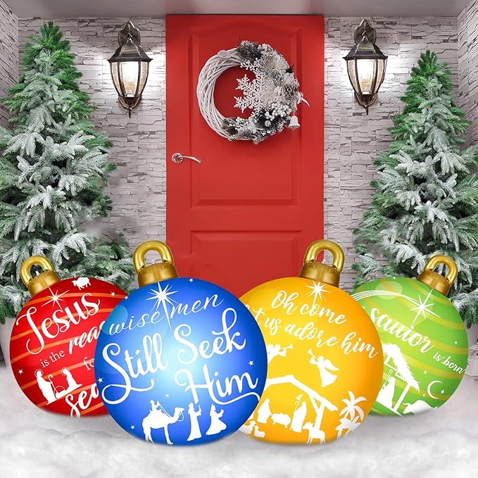 Jetec 4 Pcs Giant Inflatable Christmas Ball Large Xmas Inflatable Ornaments PVC Outdoor Holiday Blow Ball Outside Yard Lawn Porch Decorations (Religious,Cute Color)