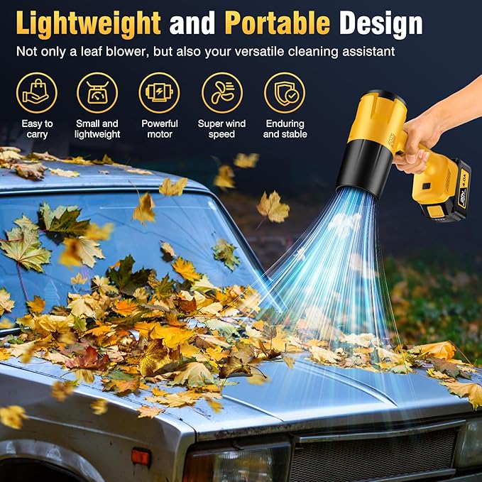 Leaf Blower Cordless, Handheld Leaf Blower with 2 Battery and Charger, 6 Speed Modes, Lightweight Blower for Patio, Lawn, Yard, Dust, Blowing Leaves,Yellow