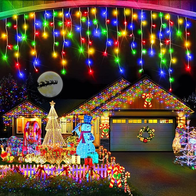 Heceltt Christmas Lights Outdoor, 1280 LED 131FT Ice Lights for Outside, 8 Modes Plug in 240 Drops Ice String Light with Timer Memory Function Hanging Light for Christmas Decor(Multicolor)