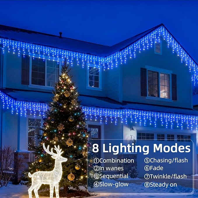 Christmas Outdoor Icicle Lights - 480 LED 66+33 FT 8 Modes Curtain Fairy String Light Plug in, Waterproof for Eaves Yard Holiday Xmas Holiday Indoor Outdoor Decoration - Blue White
