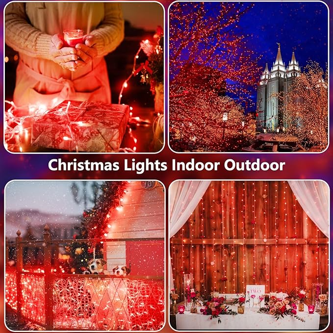 2 Pack Christmas String Lights Battery Operated with Timer, 66FT 200 LED Waterproof Twinkle Lights, 8 Modes Fairy Light for Indoor and Outdoor Bedroom Garland Tree Christmas Decorations (Red)