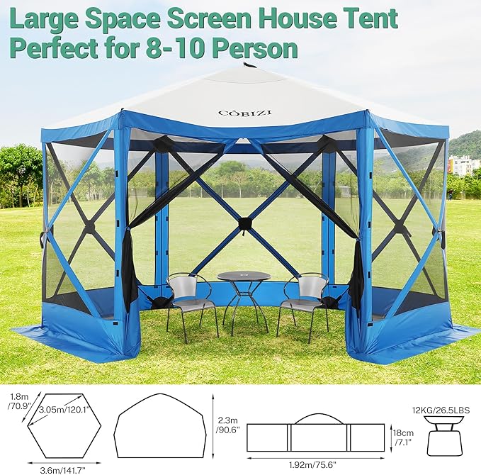 COBIZI 12x12 Pop up Canopy Tent, Gazebos on clearance with 5 removable sidewalls & mosquito net for Camping, Outdoor patio screened gazebo, Portable Hub Tent with Carrying Bag & Stakes, Blue(Upgraded)