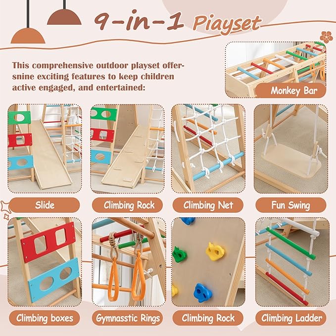 9-in-1 Indoor & Outdoor Wooden Playset for Kids, All-in-One Backyard Playground with Slide, Monkey Bars, Swing, Rock Wall, Climbing Net, Rings & Ladder – Sturdy Adventure Set for Skill Development