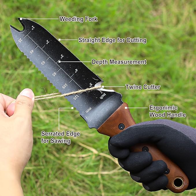 Topline Hori Hori Garden Knife with Oxford Sheath, 7”Stainless Steel Blade with Cutting Edge, Folked Tip Design, Full Tang Walnut Handle, Multifunctional Garden Tools for Weeding, Planting, Cutting