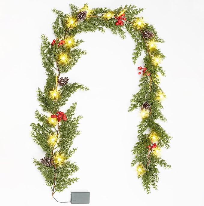 6FT Pre-lit Christmas Cedar Garland Realistic Christmas Garlands Snowflake Lights, Artificial Green Pine Greenery Cypress Garland Decorations Indoor Outdoor Holiday Winter Xmas Decor