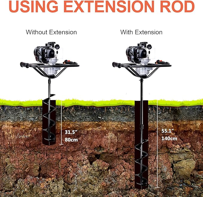 DC HOUSE 52cc 1800W Gas Powered Earth Auger EPA Certified Post Hole Digger, with 3 Drill Bits 6 10 12 and 3 Extension Rods 8 12 20, Mixing Ratio 30:1, for Fence, Farmland and Garden