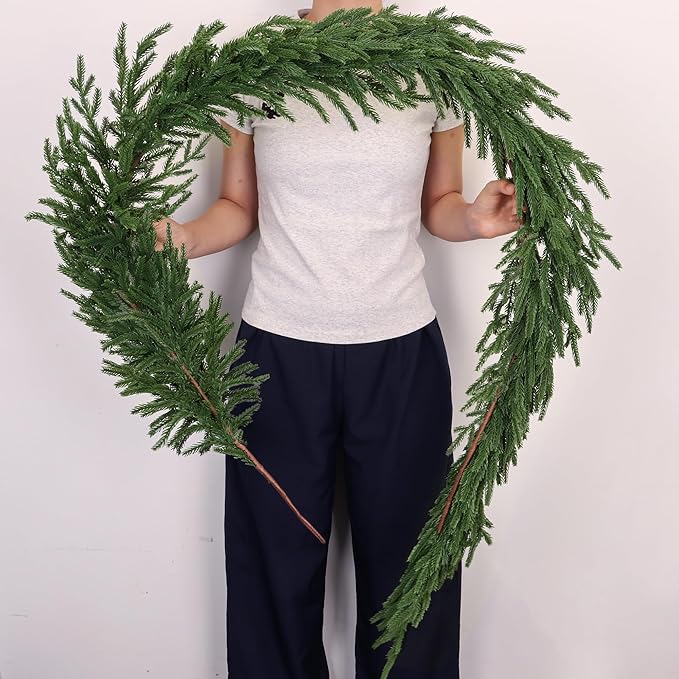 6 FT Christmas Norfolk Pine Garland Real Touch Artificial Faux Greenery Pine Christmas Garland Decorations for Home Mantle Table Stairs Door Fireplace Indoor Outdoor Xmas Holiday Decor
