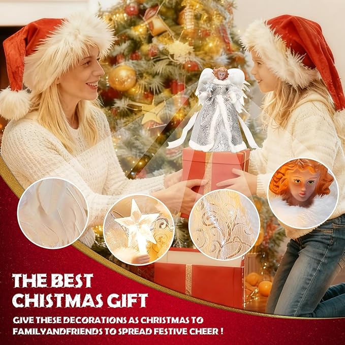 Christmas Tree Topper Angel – 12" Lighted Angel Christmas Tree Topper with Lights, Xmas Tree Toppers Decorations Ornament with White Feather Wings, for Holiday Home & Christmas Decorations