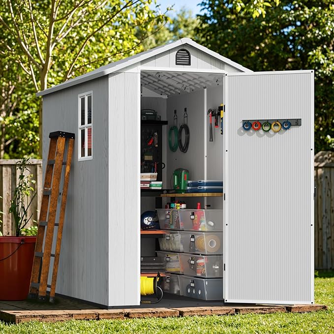 Greesum 4x6FT Plastic Outdoor Storage Shed with Floor, Resin Storaged Sheds with Lockable Door, All Weather Durable Tool Shed with Window and Vent, for Garden, Backyard, Patio, Light Gray