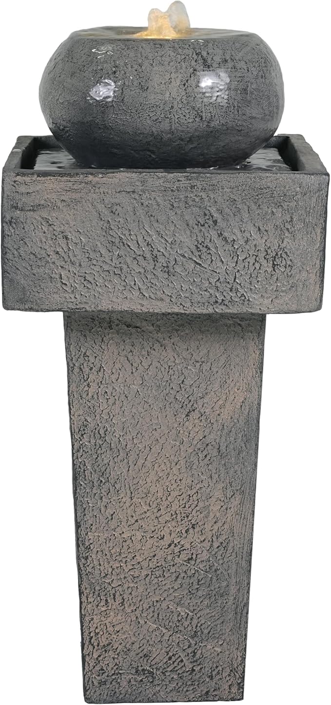 Merax 25.59" H Minimalist Concrete Column Fountain–LED-Lit Modern Outdoor Oasis, Durable Landscape Feature for Patio, Porch