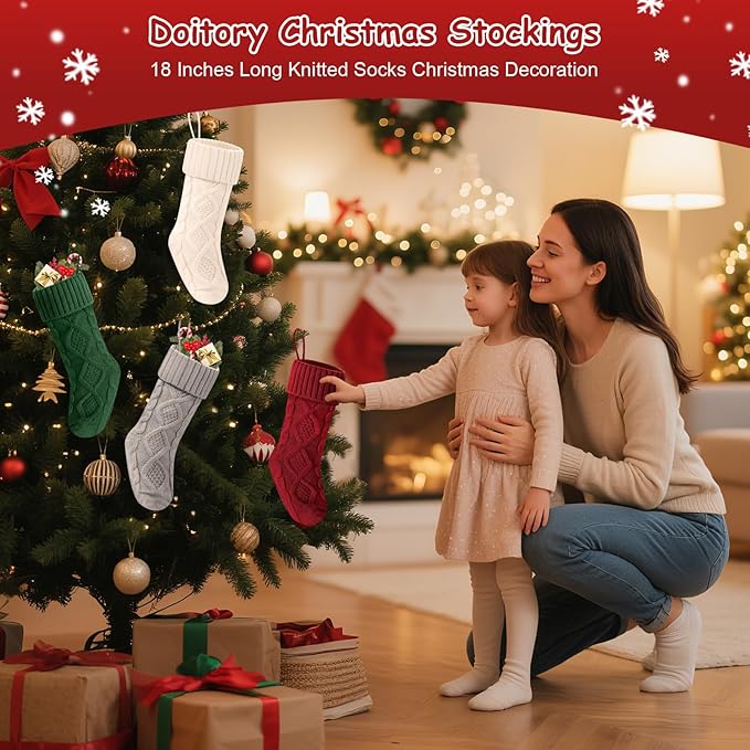 Christmas Stockings 18 Inches,Long Knitted Socks Christmas Decoration Hanging Stocking Fireplace Xmas Tree Stocking for Home Family（red+White+Green+Gray）