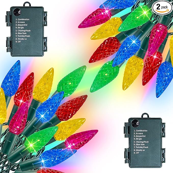 Dazzle Bright C6 Battery Operated Christmas Lights, 2 Pack Total 100LED 34FT Multi-Colored Lights with 8 Modes, Waterproof Christmas Decorations for Xmas Indoor Outdoor Yard Tree House Decor