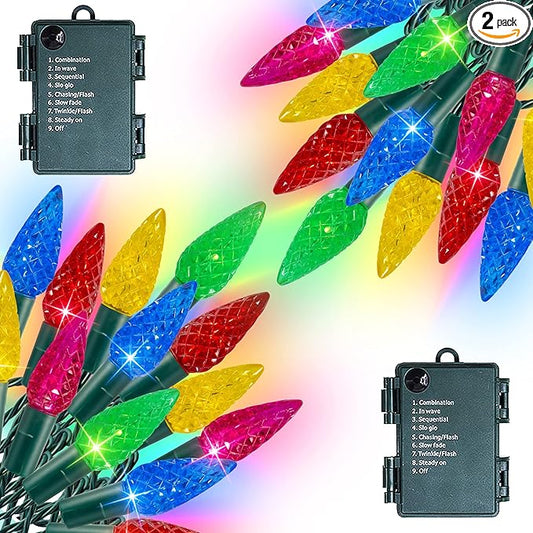 Dazzle Bright C6 Battery Operated Christmas Lights, 2 Pack Total 100LED 34FT Multi-Colored Lights with 8 Modes, Waterproof Christmas Decorations for Xmas Indoor Outdoor Yard Tree House Decor