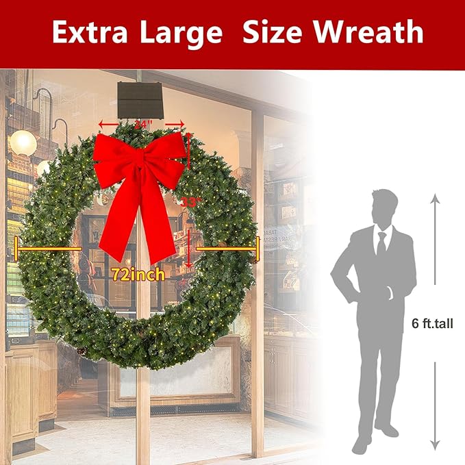 Solar Extra Large Christmas Wreath72Inch Pre-Lit Solar 600 Led Warm White Lights Holiday Artificial Decor Lighted Wreath Outdoor Store Business Garage Green Christmas Decorations (7201)