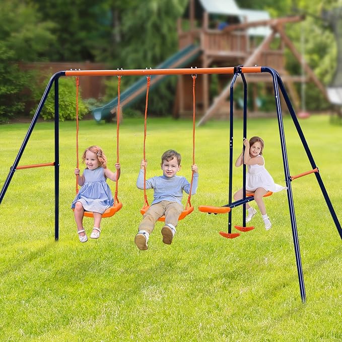 Outdoor Swing Sets for Backyard, 440lbs Load Capacity Swing Stand with 2 Seats and 1 Glider, Heavy Duty A-Frame Metal Outdoor Swing Set for Kids