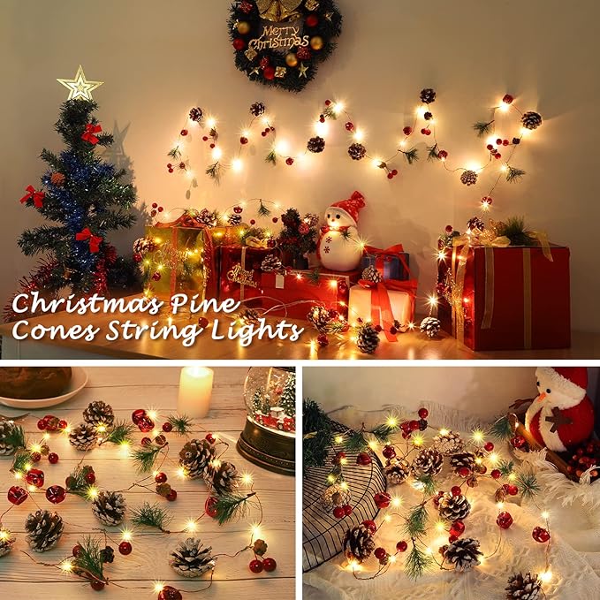 Christmas Garland with String Lights 10 Ft 30 LED Pine Cone Red Berry Bells Garland Lights, Indoor Christmas Decorations for Home and Fireplace Mantel Decor,Christmas Tree Decor (Yellow)