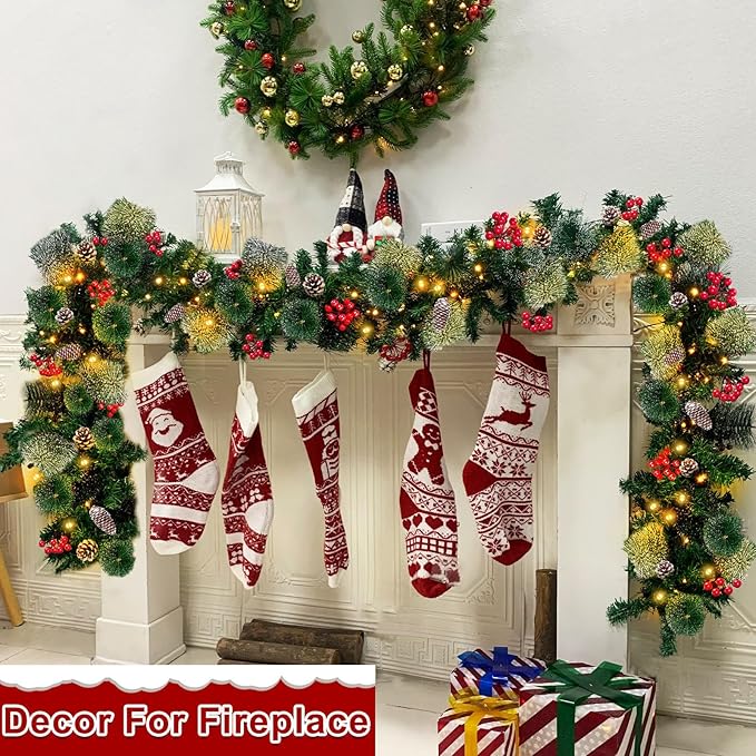 Timer 8 Mode - 9Ft by 10 Inch Prelit Christmas Garland with 50 Warm Lights,Thick 270 Snowy Tips 70 Red Berry 10 Pinecone Battery Operated Real Touch Cedar Xmas Garland Door Mantle Indoor Outdoor