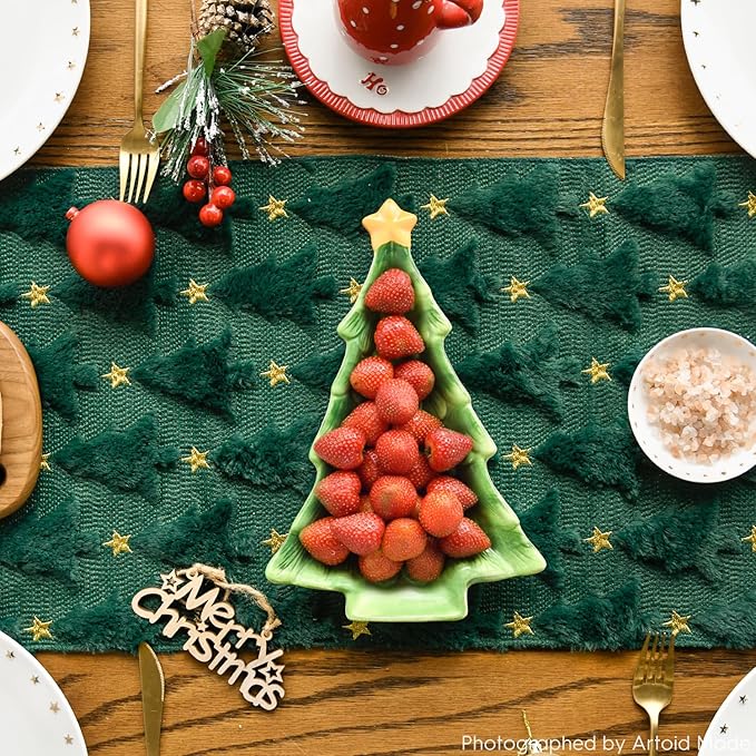 Artoid Mode Christmas Trees Stars Green Soft Plush Faux Fur Jacquard Christmas Table Runner, Holiday Dining Table Decoration for Home Party Decor 13x72 Inch