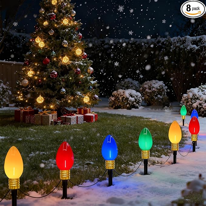Christmas Lights Jumbo C9 Outdoor Lawn Decorations with Pathway Marker Stakes, 2 Pack 7 Feet String Lights with Multi Color Giant Lighted Bulbs for Holiday Outside Yard Garden Decor, 8 Lights