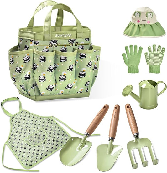 Kids Gardening Tool Set Toys - 8 Pieces Quality Garden Kit for Toddlers & Kids with Shovels, Rake, Watering Can, Hat, Apron, Gloves & Storage Bag (B-Green)