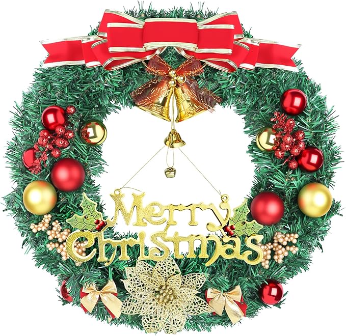 Christmas Wreaths for Front Door, Artificial Christmas Wreath with Bow, Bells, Berries, Gold Flowers and Holiday Decor Sign, Winter Wreaths for Fireplace, Windows, Wall Decor(20 Inches)