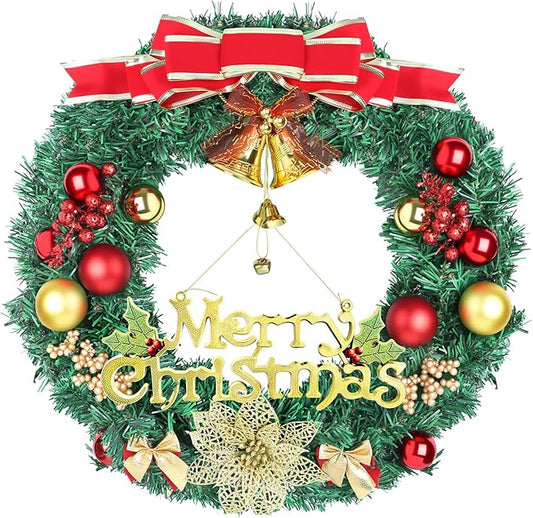 Christmas Wreaths for Front Door, Artificial Christmas Wreath with Bow, Bells, Berries, Gold Flowers and Holiday Decor Sign, Winter Wreaths for Fireplace, Windows, Wall Decor(20 Inches)
