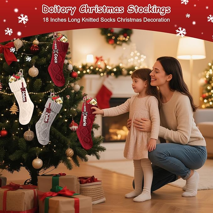 Christmas Stockings 18 Inches,Long Knitted Stocking with Name Tags, Christmas Decoration Hanging Stockings Fireplace Xmas Tree Ornaments for Home Family