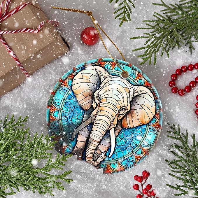 Elephant Ceramic Ornament - Christmas Tree Elephant Keepsake Gifts - Animal Lovers Ornament