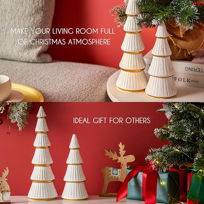 WONDROUS' DECO Christmas Tree Figurine Decor Tabletop White and Gold, Set of 2 Wooden Artificial Xmas Tree Decorations, Vintage Christmas Trees for Tables Centerpiece Home Farmhouse Mantel