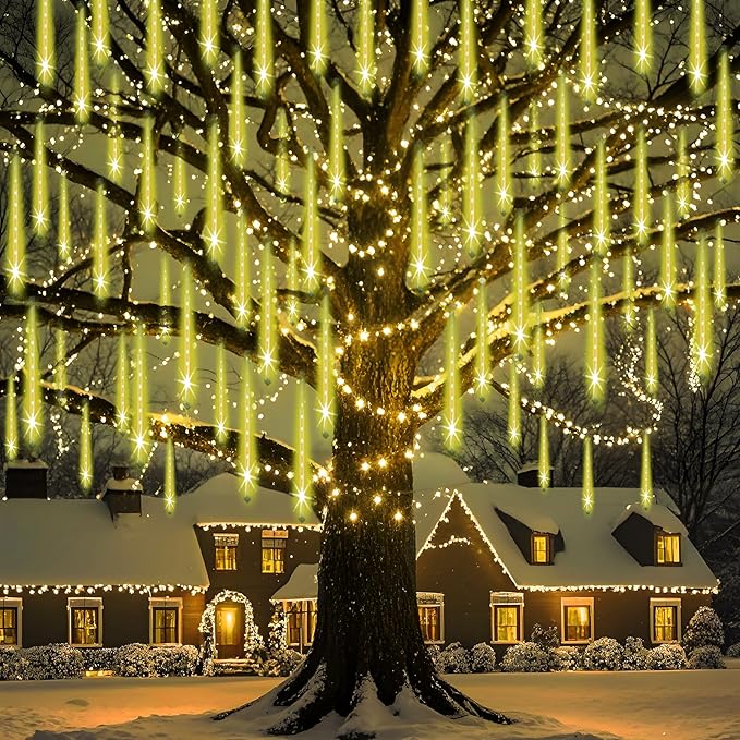 Christmas Lights Outdoor, UL Certified Falling Rain Drop Light 8 Tubes 192 LED Meteor Shower Snow Dripping Icicle Lights for Xmas Tree Christmas Decorations Holiday Party, Warm White