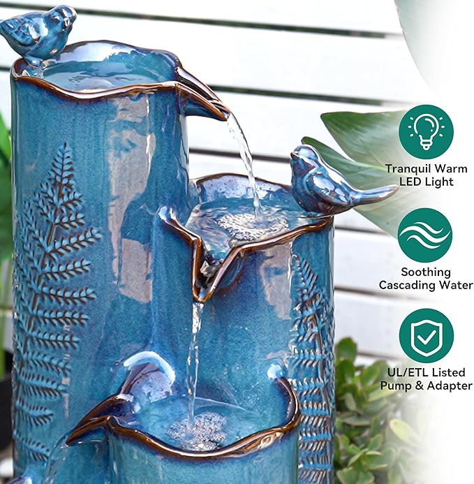 Autodaya 32" Tall Outdoor Fountain, Ceramic Vase Water Fountain withs Lights, 4-Tier Waterfalls with Birds, Tranquil Oasis for Garden Patio Yard Deck Balcony Decor, Tropical Fern, Turquoise Glaze